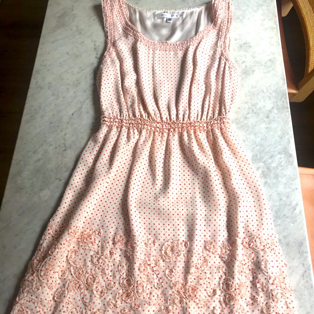 Max Studio cream, coral and blush polka dot dress